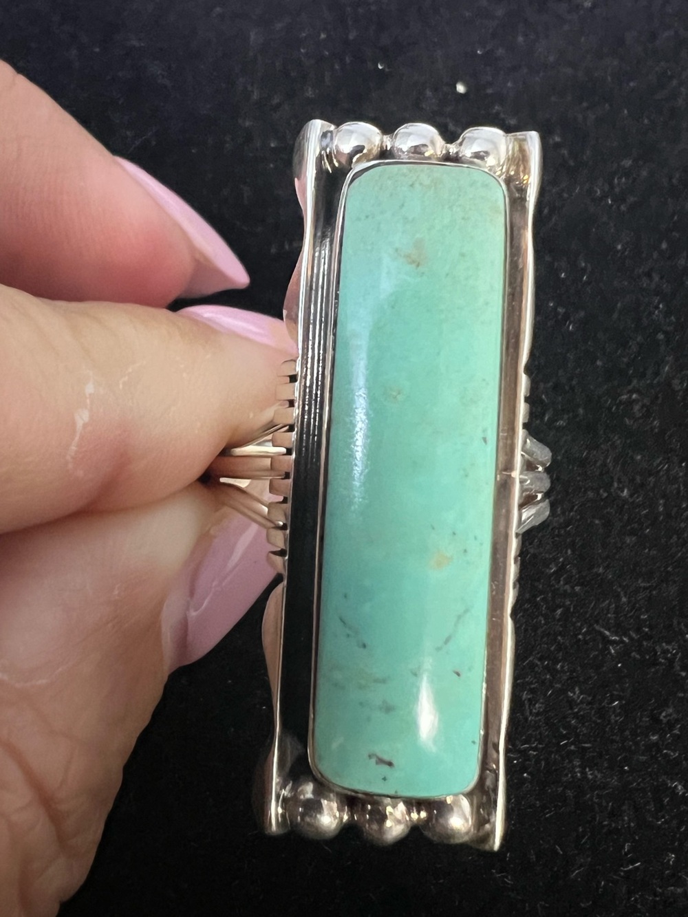 925 STERLING SILVER NARIVE SIGNED TURQUOISE RING.  BIG AND BOLD